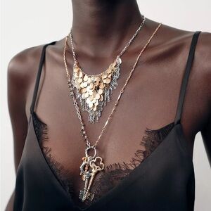 Zara 2-PACK OF COMBINATION PLATE & KEY NECKLACES Gold & Silver Tones Beading NIB